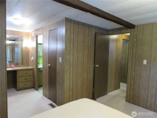 PRIMARY BEDROOM HAS AMPLE STORAGE.