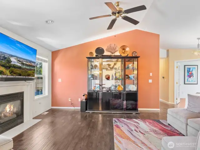 Vaulted ceilings in the living room and kitchen as well