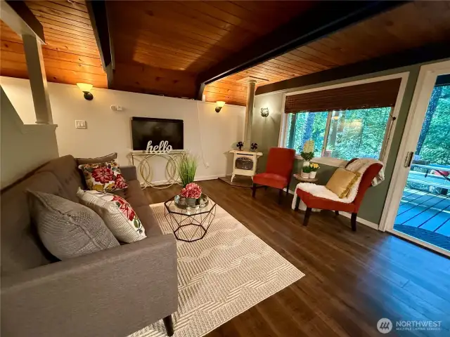 Cozy propane fireplace.