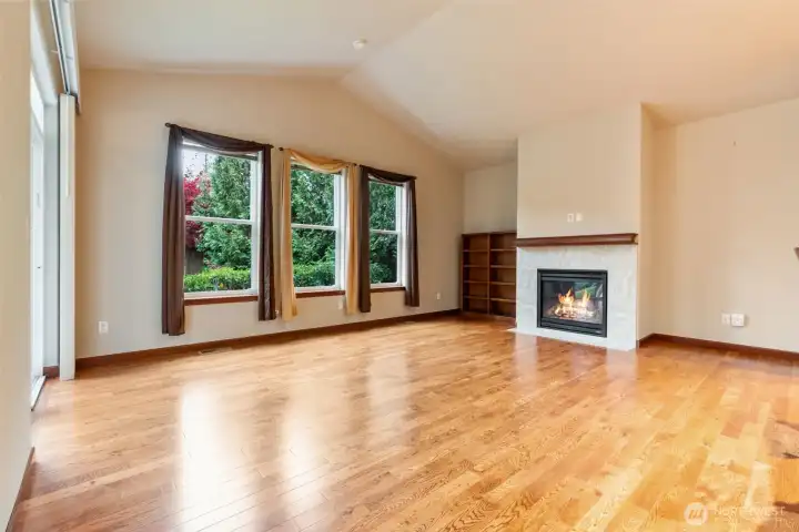 Great room/living room look out at private backyard