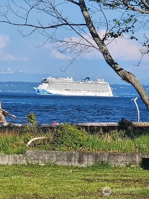 Cruise ships to Alaska and parts unknown make a dramitic back drop on a beautiful day.  (as seen from the public beach)
