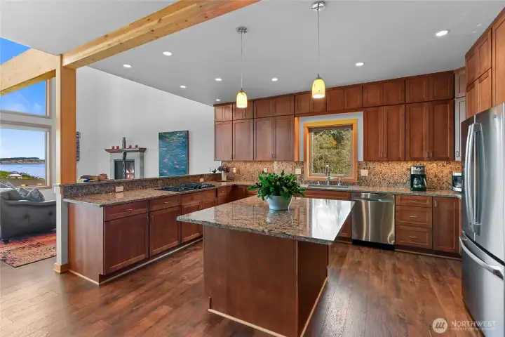 Beautiful spacious kitchen with beach views beyond.