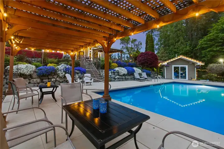 Pergola on pool deck with mature grape vines