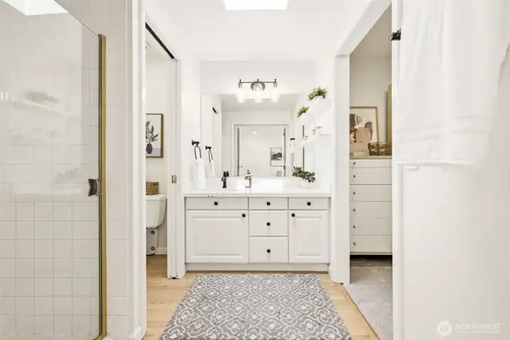 primary bathroom with a walk in closet.