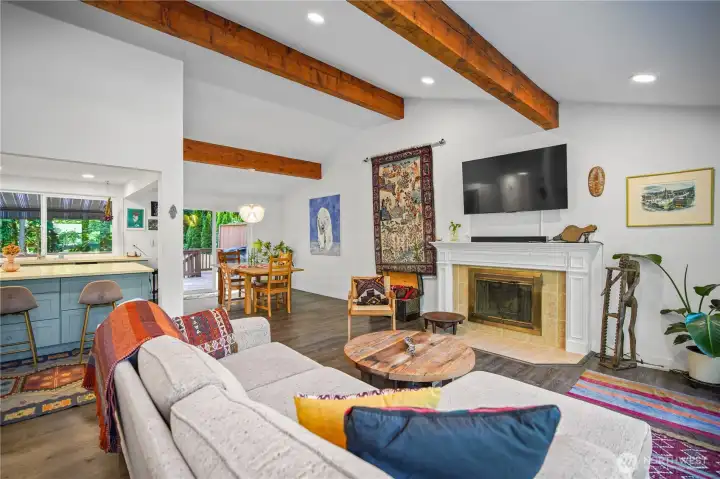 Great Room with high ceilings and wood beams