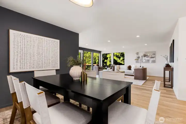 Open floor concept taking from kitchen to dining to family room - nothing but windows and views