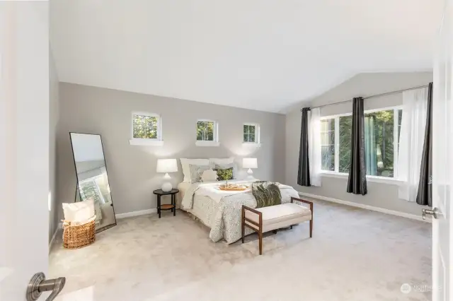 Primary bedroom with vaulted ceilings.