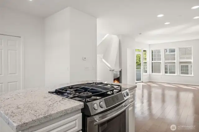 Kitchen with view into main living area - great for entertaining! All freshly painted with new stainless appliances.