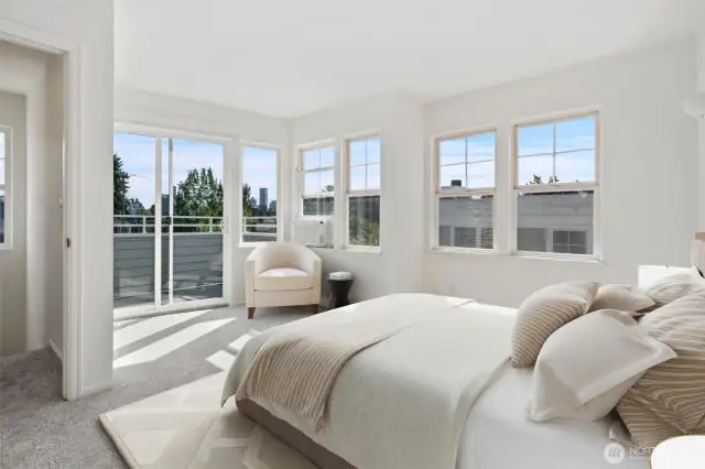 Primary suite with great views of Seattle & Beyond! All fresh carpets and paint too! Enjoy your morning coffee or tea on your private balcony! Virtually staged to show possibilities!