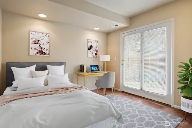 First level bedroom or office with french doors to private patio
