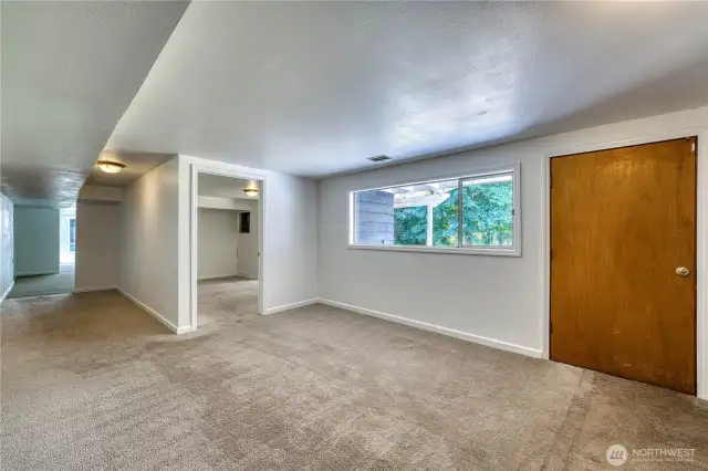 this view is from the lower level bathroom doorway and is looking at the door to the outside, the open door to one of two flex rooms on the lower level and the hallway that leads to the family/livingroom space with fireplace, kitchenette, flex room 2 and a HUGE slider out to the park-like back yard