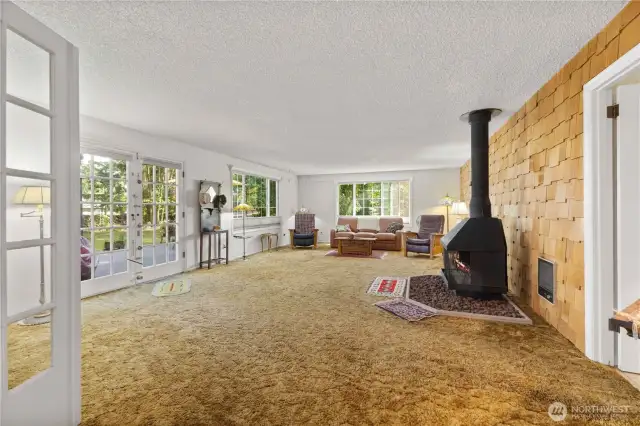 Family room with free standing stove