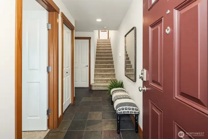 Welcoming slate entry, with access to Flex Room & Garage