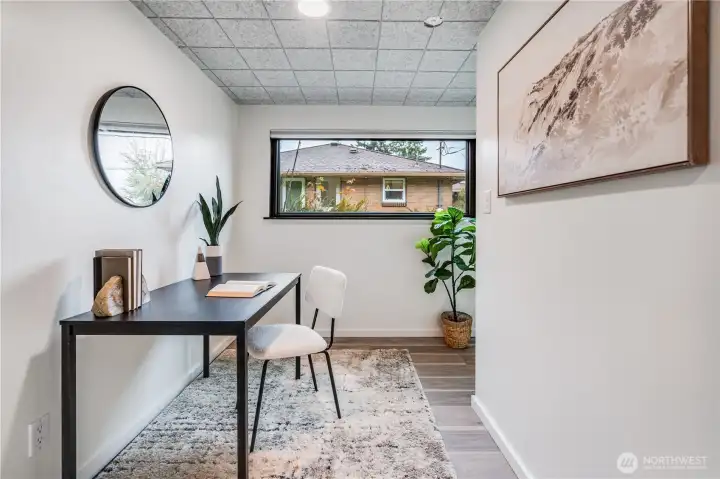 Home office w/sound absorbing ceiling panels.