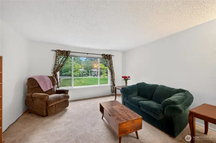 Living room with large  east facing window