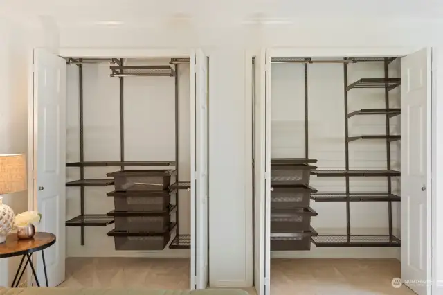 Closets feature custom and fully adjustable shelving