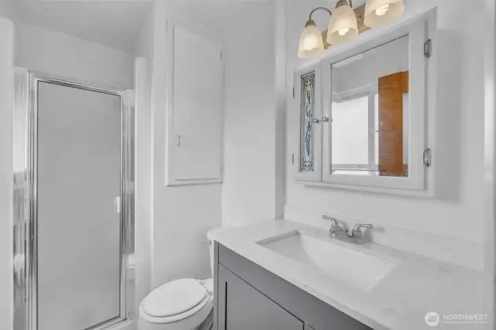 Primary Bath with shower and new vanity