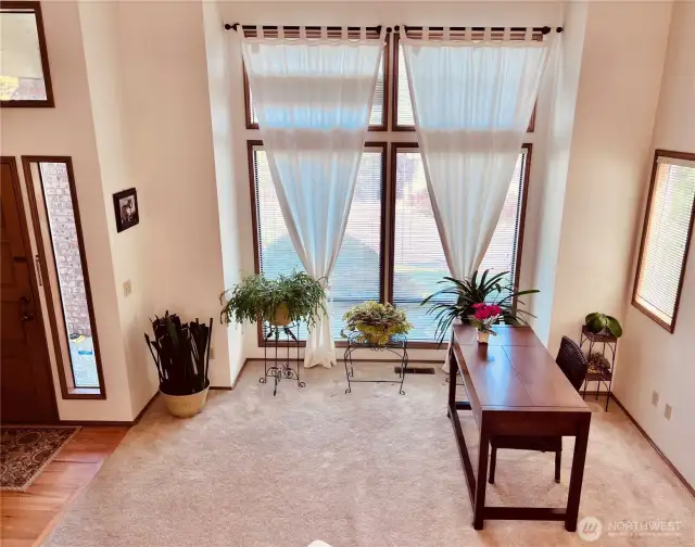 Front entry foyer & living room with high vault ceiling & street view, tall windows facing east & side window facing south