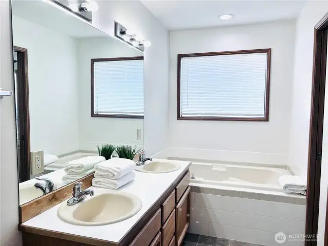 Master bathroom with view of tub and window towards east