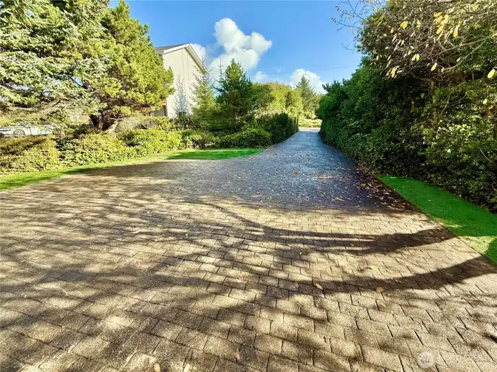 Stamped concrete driveway and surrounding home.