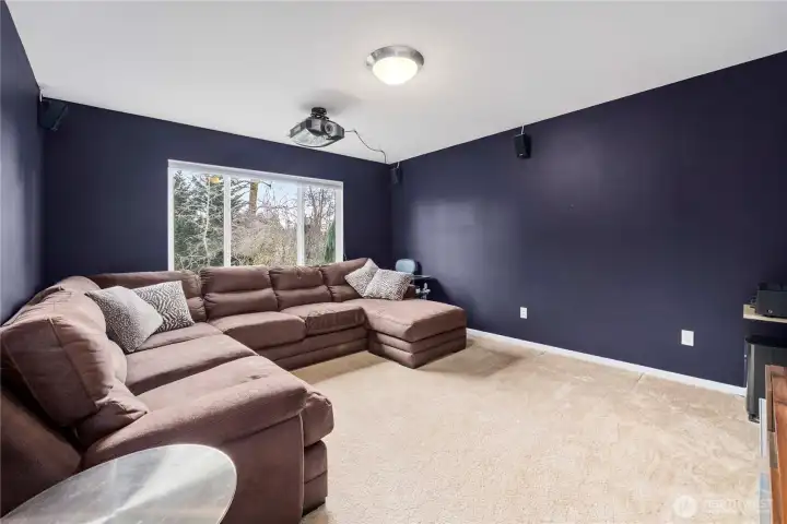 Theater room with 110 projection screen and surround sound and blackout blinds