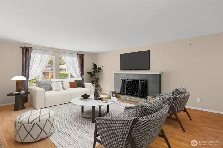 Virtually staged living room when walking in from front door