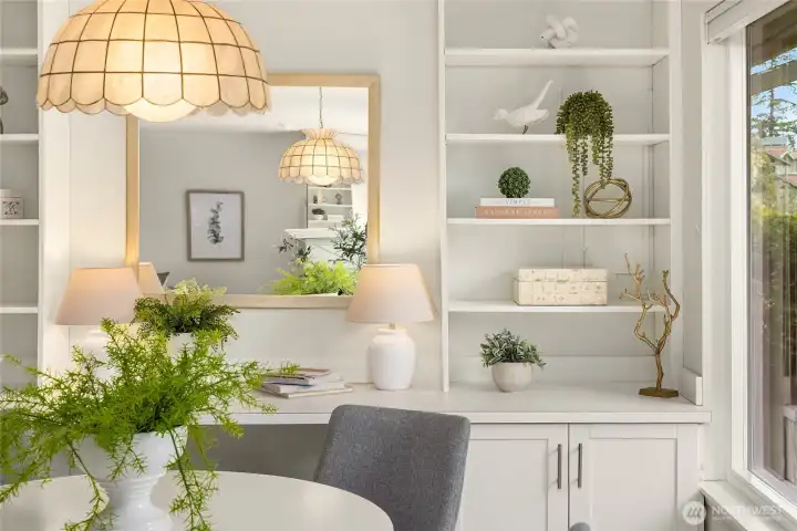 Built in buffet wall unit in dining is a great place to showcase your favorite things.