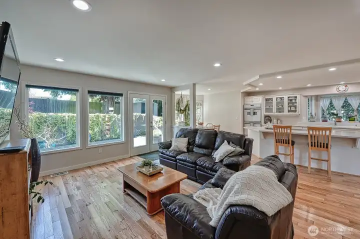 Family room with French doors leading to the backyard.