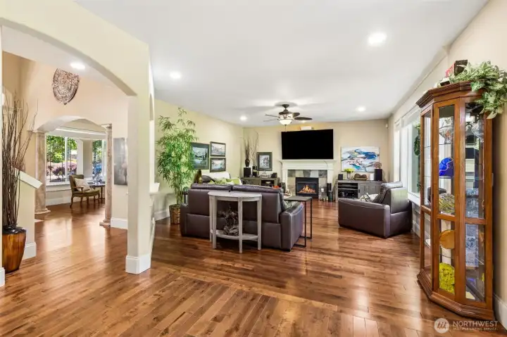 Open Concept Family Room off the Kitchen with Gas Fireplace