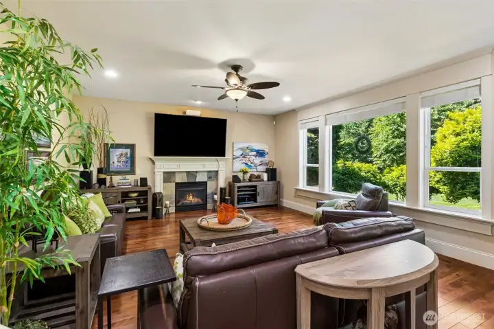 Open Concept Family Room off the Kitchen with Gas Fireplace