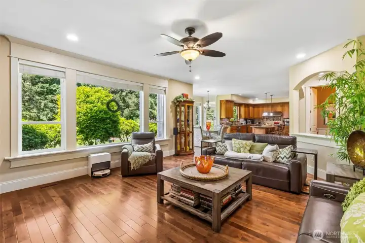 Open Concept Family Room off the Kitchen with Gas Fireplace