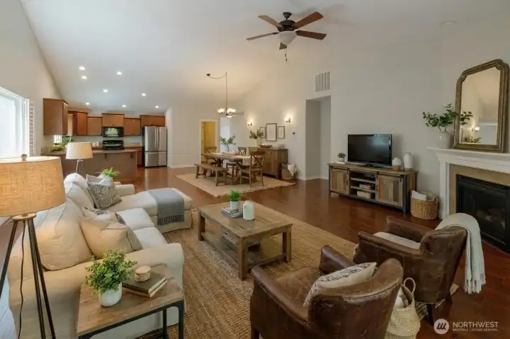 Great room space is well set to create dining and living areas...