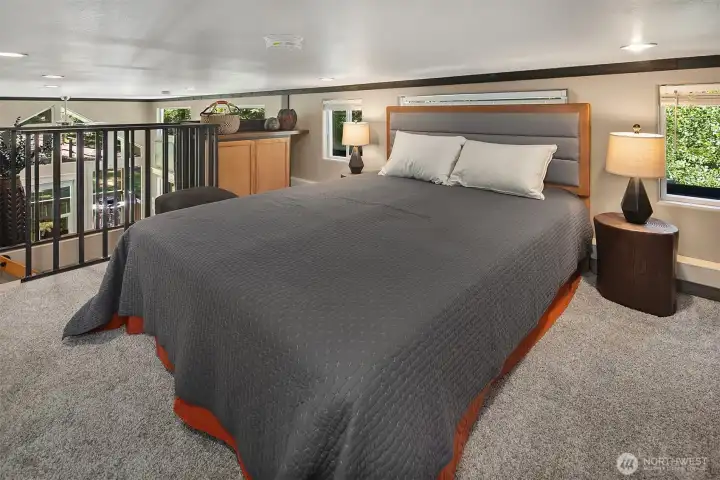 Upper loft bedroom area, ceiling is low, however there is room for a desk if you want to work from home. Upper loft bedroom area, ceiling is low, however there is room for a desk if you want to work from home.