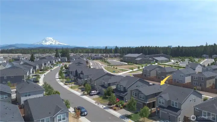 Aerial view featuring Mt Rainier and  school nearby.