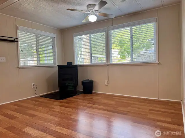 Pellet stove in dining room