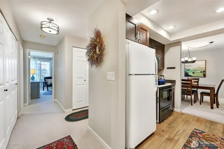 Unit 204 has a fresh coat of paint on the walls.  The updated LVP is in the kitchen and bathroom while the rest of the unit has carpet.