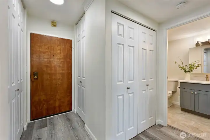 Storage isn't an issue here! Just inside your front door, find a large coat closet at left, an almost 3' x 4' closet right of the front door, plus an addition huge pantry/closet just outside the bathroom. No in-unit water tank means saved space!
