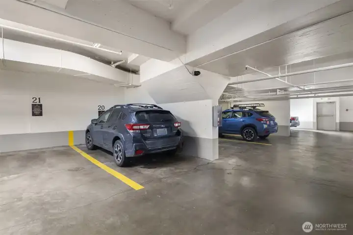 Reserved parking space in secured garage. Reserved parking space in secured garage.