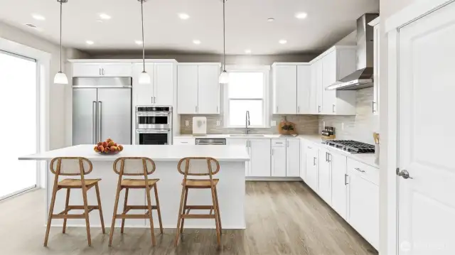 Gorgeous kitchen with tons of space to prepare!  48" counter depth refrigerator, built in microwave & oven + gas cooktop! White cabinets are an upgrade available to add early in construction.