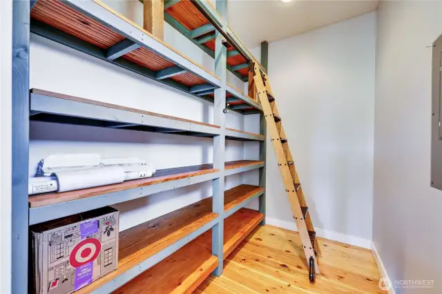 The walk-in pantry is fabulous, enhanced by the rolling ladder for access to the highest shelves!