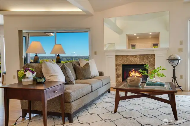 The elegant gas fireplace serves as a warm, inviting anchor for the living room.