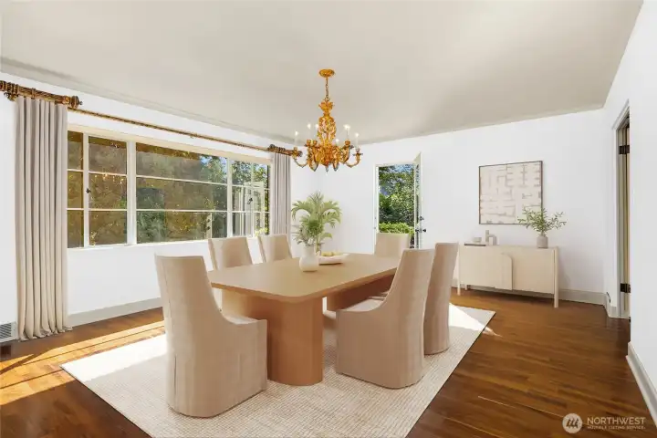 Virtually staged dining room.The door at the back leads to the upper deck...see the next photo.