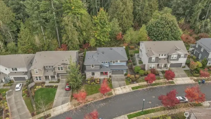 Drone photo showcasing the property.  Sidewalks and treelined privacy.