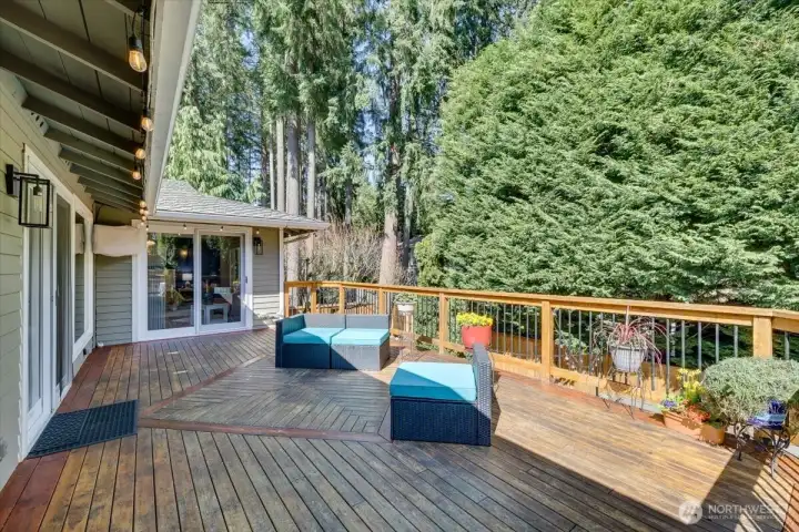A view on the deck looking all the way down to the Main floor Primary bedroom deck access! Party lights are essential here!