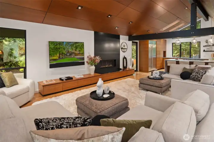 Thoughtfully designed living room with custom walnut built-in cabinetry
