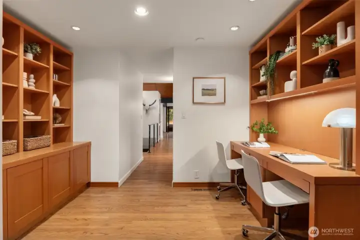 Custom built-ins create a refined work space or study area
