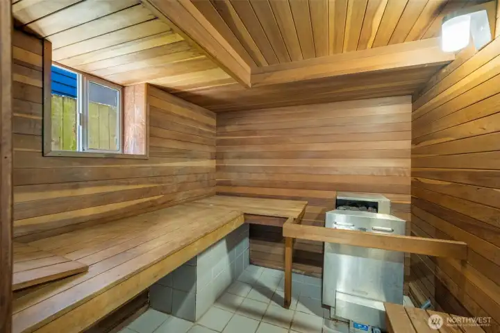 Indoor dry sauna in the lower level.