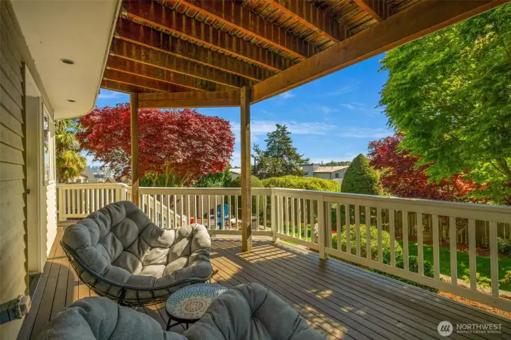 A big double deck, this one right outside the lower level leading to the landscaped and fully fenced backyard.