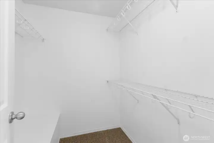 The primary suite features a spacious walk-in closet with built-in organizational shelving and ample hanging space.