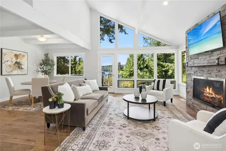 A glass door leads out to a west-facing deck, perfect for enjoying sunsets.